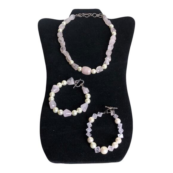 Handmade Vintage Inspired Faux Pearl Pink Gemstones Necklace & Two Bracelets Set - Picture 16 of 16